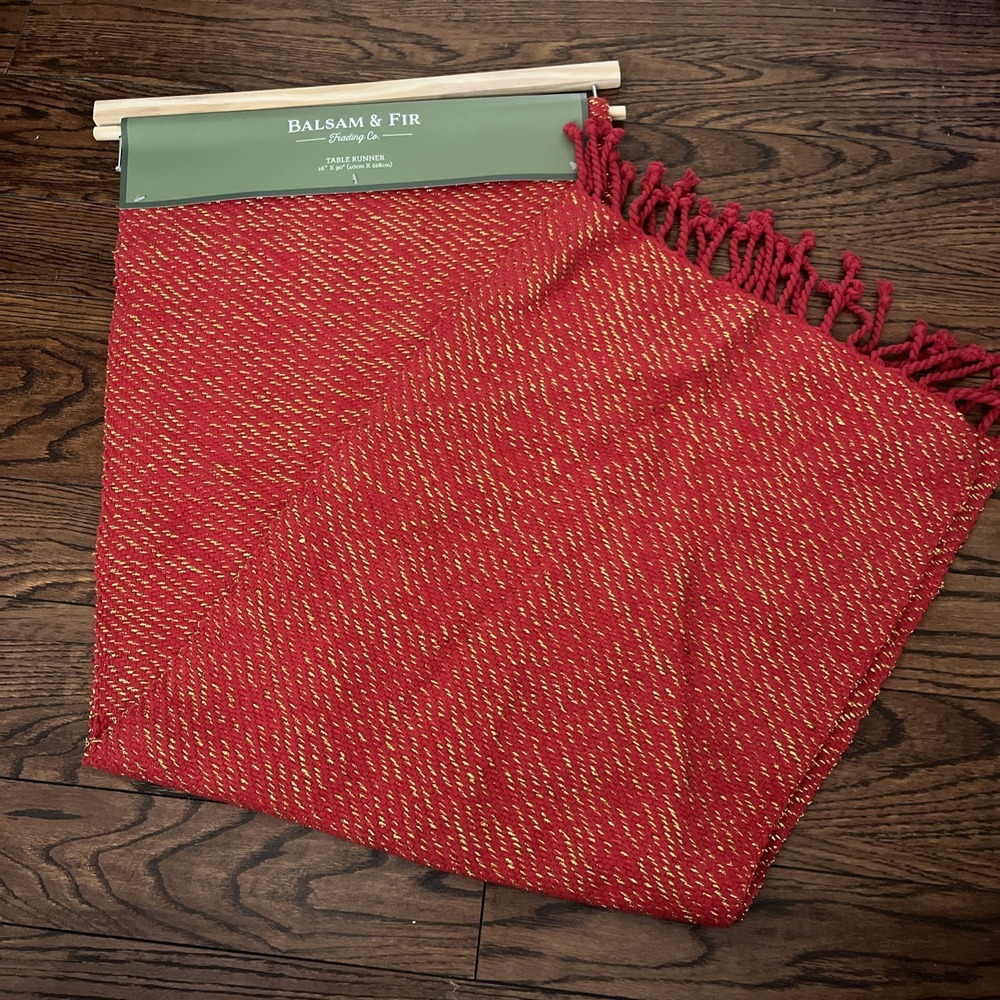 ~Balsam & Fir Christmas Red & Gold Woven Cotton Table Runner Tassels 16x90"